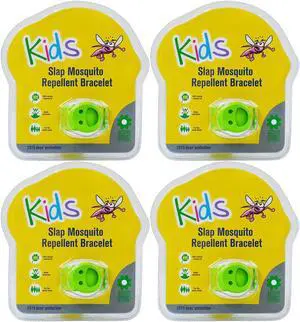 Slap Mosquito Repellent Smiley Bracelet w/ Two Refill Pellets - Green (4 Pack)