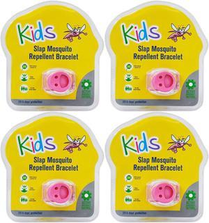 Slap Mosquito Repellent Smiley Bracelet w/ Two Refill Pellets - Pink (4 Pack)