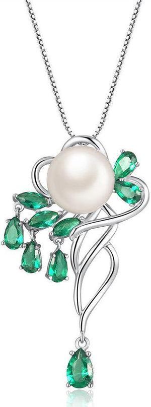 Mabella 925 Sterling Silver 9.5-10MM AAA Freshwater Cultured Pearl Spinel Pendant Necklace for Women