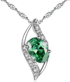 Mabella Sterling Silver Simulated Emerald Birthstone Oval Cut Leaves Shape Pendant Necklace, Valentines Day Necklace Gifts for Girl