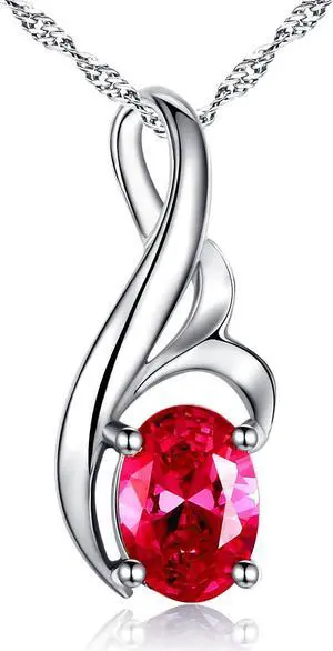 Mabella Sterling Silver Oval Cut Simulated Ruby Pendant Necklace, Mother's Day Gifts for Women