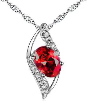 Mabella Sterling Silver Simulated Ruby Birthstone Oval Cut Leaves Shape Pendant Necklace, Birthday  Necklace Gifts for Girl