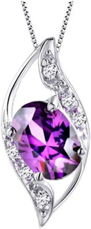 Mabella Sterling Silver Simulated Amethyst Birthstone Oval Cut Leaves Shape Pendant Necklace, Valentines Day Necklace Gifts for Girl