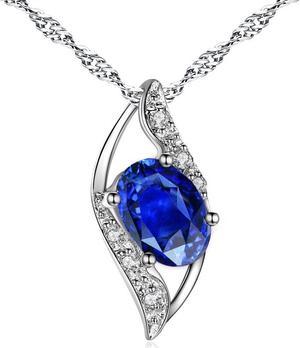 Mabella Sterling Silver Simulated Blue Sapphire Birthstone Oval Cut Leaves Shape Pendant Necklace, Christmas Day Necklace Gifts for Women