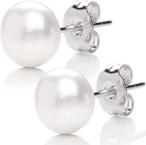 Mabella 925 Sterling Silver AAA Genuine Freshwater Cultured Pearl White Button Stud Earrings Jewelry Gifts for Women, 6mm7mm,8mm