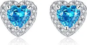 Mabella Sterling Silver Heart Shaped Simulated Blue Topaz Stud Earrings Gifts for Women