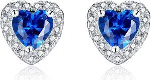 Mabella Sterling Silver Heart Shaped Simulated Blue Sapphire Stud Earrings Gifts for Women
