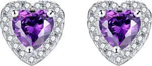 Mabella Sterling Silver Heart Shaped Simulated Amethyst Stud Earrings Gifts for Women