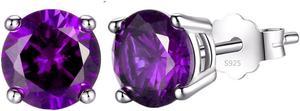 Mabella 925 Sterling Silver 6mm Round  Simulated Amethyst Stud EarringsGifts for Women