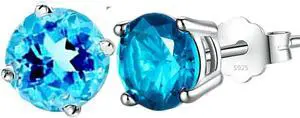 Mabella 925 Sterling Silver 6mm Round  Simulated Blue Topaz Stud EarringsGifts for Women
