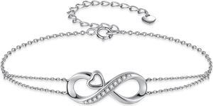 Mabella Infinity Heart Adjustable Chain Bracelet 18K White Gold Plated Sterling Silver Endless Love Jewelry Gifts for Women