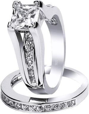 Mabella 925 Sterling Silver Cubic Zirconia Princess Cut Women's Wedding Engagement Bridal Ring Set,Size 5