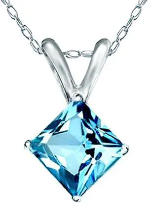 14K Solid White Gold Square Cut Rabbit Natural Genuine Blue Topaz Pendant Necklace