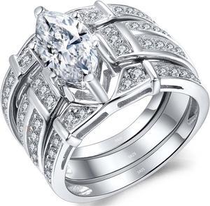 Mabella Trio Sterling Silver Cubic Zirconia CZ Marquise Wedding Ring Set Anniversary for Women, Size 6