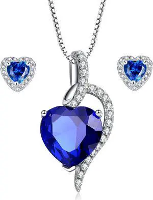 Mabella Heart Simulated Red Ruby Pendant Necklace Stud Earrings Sterling Silver Jewelry Set Gifts for Women