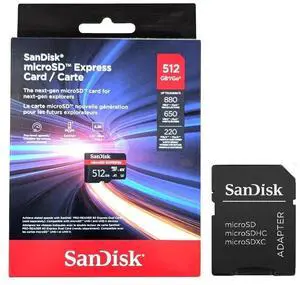 SanDisk 512GB microSD Express Card microSDXC micro SDXC 512G - Works with Nintendo-Switch 2, Up to 880MB/s Read, Up to 650MB/s Write, 210MB/s Sustained Write, U3, C10 with Adapter - SDSQXFN-512G-GN4NN