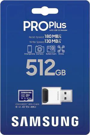 SAMSUNG PRO Plus microSD Memory Card + Reader, 512GB MicroSDXC, Up to 180 MB/s, Full HD & 4K UHD, UHS-I, C10, U3, V30, A2 for Android Phones, Tablets, GoPRO, DJI Drone, MB-MD512SB/AM, 2023