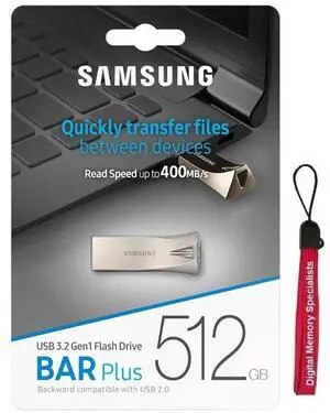 SAMSUNG BAR Plus 512GB 400MB/s USB 3.2 Type-A Flash Drive Champagne Silver Metal MUF-512BE3 with OEM USB Lanyard SAMSUNG BAR Plus 512GB 400MB/s USB 3.2 Type-A Flash Drive Champagne Silver Metal MUF-512BE3 with OEM USB Lanyard