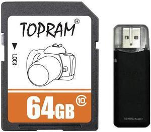 TOPRAM 64GB 64G SD SDHC SDXC Card Class 10 Extreme Speed for Camera & Camcorder with R3 Reader