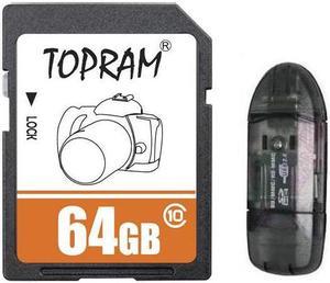 TOPRAM 64GB 64G SD SDHC SDXC Card Class 10 Extreme Speed for Camera & Camcorder with R1 Reader