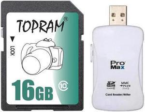TOPRAM 16GB SD 16GB SDHC Card Class 10 Extreme Speed for Camera & Camcorder with R16 Card Reader