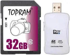 TOPRAM 32GB SD 32GB SDHC Card Class 10 Extreme Speed for Camera & Camcorder +R16 Reader