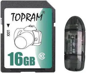 TOPRAM 16GB SD 16GB SDHC Card Class 10 Extreme Speed for Camera & Camcorder with USB 2.0 Reader - OEM