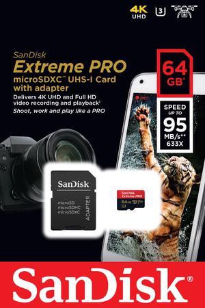 SanDisk 64GB microSD Extreme pro 95MB/s U3 V30 4K 64G microSDXC USH-I C10 SDSQXXG-064G with USB 2.0 card reader