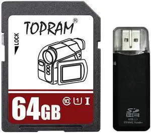TOPRAM 64GB SD 64G SDHC 64GB SDXC Card Class 10 Ultra High Speed UHS-I for Camera & Camcorder with R3 Reader