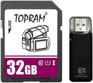 TOPRAM 32GB SD 32G SDHC Card Class 10 Ultra High Speed UHS-I for Camera & Camcorder with R3 Reader