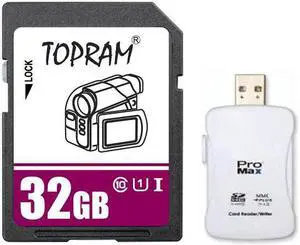 TOPRAM 32GB SD 32G SDHC Card Class 10 Ultra High Speed UHS-I for Camera & Camcorder with R16 Reader