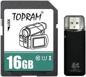 TOPRAM 16GB SD 16G SDHC Card Class 10 Ultra High Speed UHS-I for Camera & Camcorder with R3 Reader