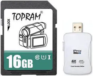 TOPRAM 16GB SD 16G SDHC Card Class 10 Ultra High Speed UHS-I for Camera & Camcorder with R16 Reader