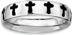Rhodium Plated Sterling Silver, Black Enameled Cross Band, Size 6