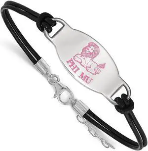 Sterling Silver Phi Mu Enamel Black Leather Bracelet - 7 in.