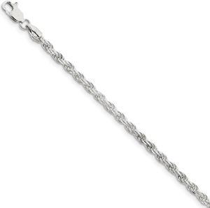 3mm Sterling Silver, Diamond Cut Rope Chain Bracelet, 8 Inch