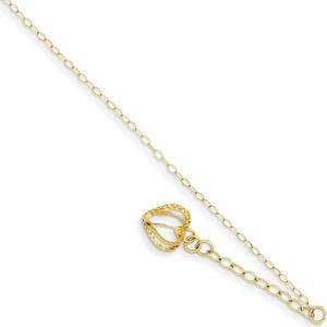 14k Yellow Gold Oval Link Anklet with Open Heart Cage Charm, 9-10 Inch