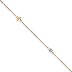 14k Two-Tone Gold 0.5mm Box Chain, Disc and Circle Anklet, 10 Inch