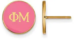 14K Plated Silver Phi Mu Pink Enamel Disc Post Earrings