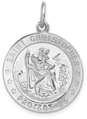 Sterling Silver Rhodium-Plated Round Saint Christopher Medal, 22mm