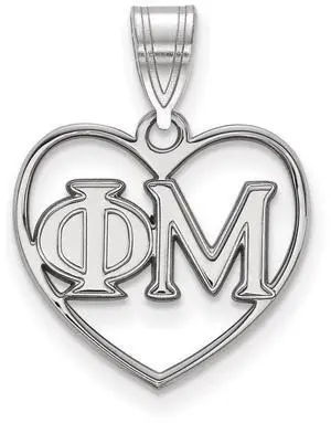 Sterling Silver Phi Mu Heart Greek Letters Pendant