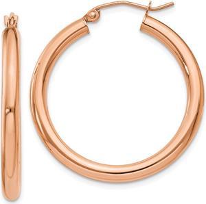 3mm, 14k Rose Gold Polished Round Hoop Earrings, 30mm (1 1/8 Inch)