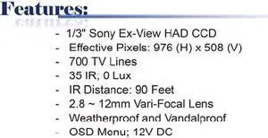 700 TV Lines 35IR 2.8 ~ 12mm Vari-Focal Lens IP 67 Weatherproof & Vandalproof Effio High Resolution Camera ( 12V DC )