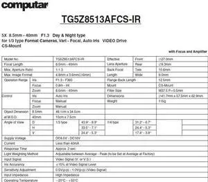 Computar Ganz High Quality CCTV Camera Lens TG5Z8513AFCS-IR 1/3" 8.5-40mm f1.3 Varifocal, Video Auto Iris (CS Mount) Day/Night IR