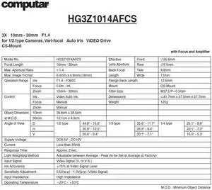 Computar Ganz High Quality CCTV Camera Lens HG3Z1014AFCS 1/2" 10-30mm f1.4 Varifocal, Video Auto Iris (CS Mount)