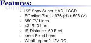 650 TV Lines 42IR 4mm Fixed Lens Weatherproof Color High Resolution Camera ( White, 12V DC )