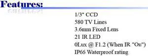 580 TV Lines 21IR 3.6mm Fixed Lens Weatherproof Color Infrared Camera ( 12V DC )