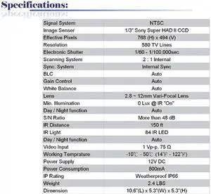 580 TV Lines 84IR 2.8 ~ 12mm Vari-Focal Lens Weatherproof Color Infrared Camera  ( White, 12V DC )