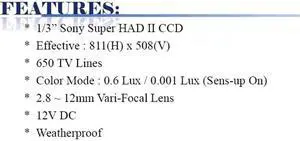 650 TV Lines 2.8mm ~ 12mm Vari-Focal Lens Wetherproof Star Light Color Camera ( 12V DC )