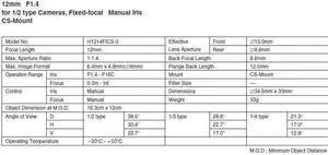 Computar Ganz High Quality CCTV Camera Lens 
H1214FICS 

1/2" 12mm f1.4 Monofocal, Manual Iris (CS Mount)